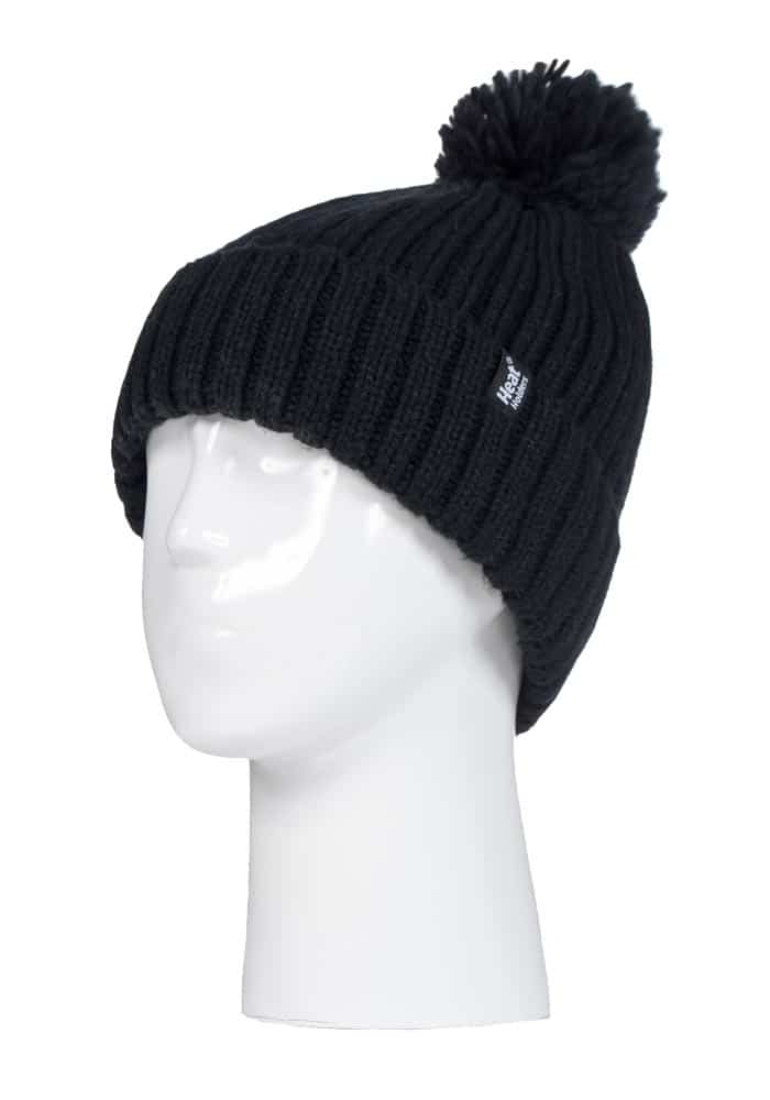 HEAT HOLDERS Ladies Chunky Ribbed Cuffed Thermal Winter Pom Pom Bobble Beanie Hat with Fleece Lining