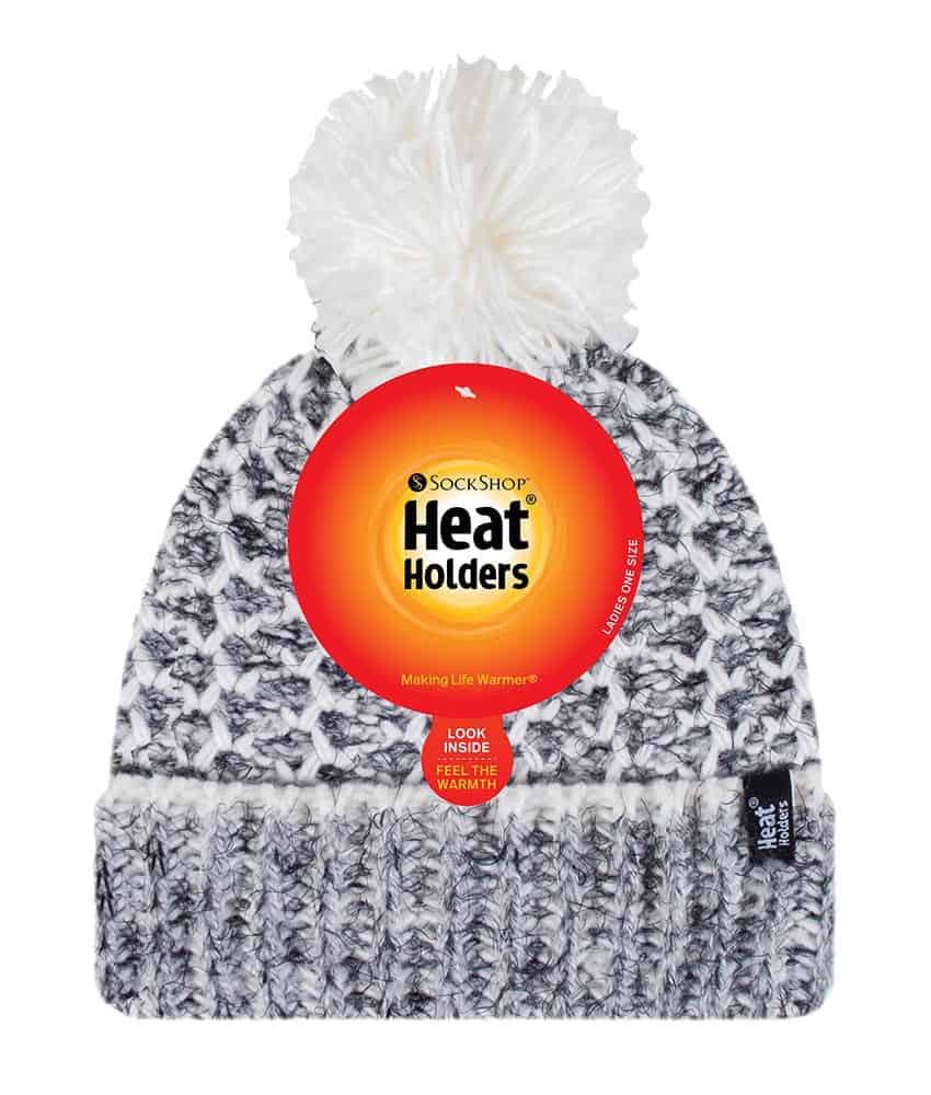 Ladies Warm Knit Fleece Lined Cuffed Thermal Winter Bobble Hat with Pom Pom HEAT HOLDERS